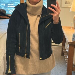 Blank NYC. High Collar Suede Moto Jacket. Galactic Teal. Size SM